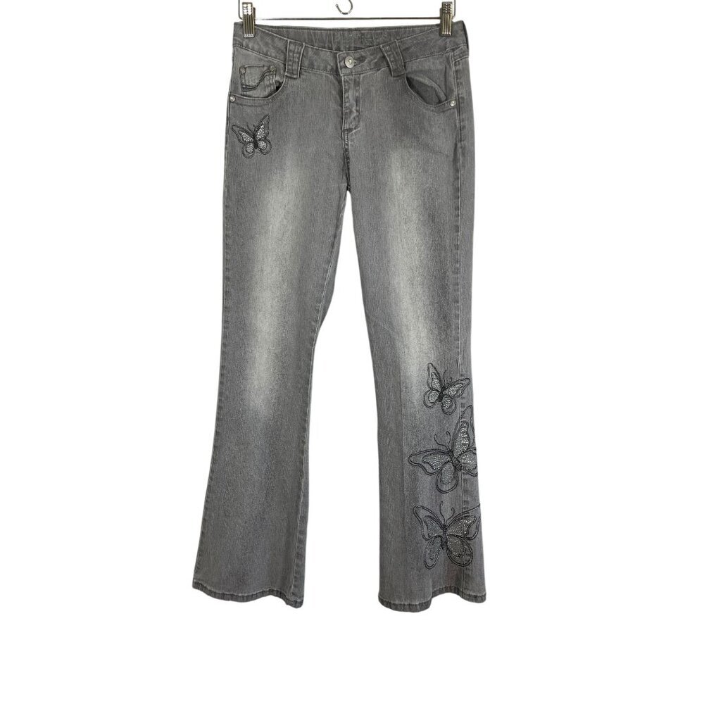 Y2K Retro Butterfly Wide Leg Denim Jean Rhinestone Western Grunge 80s Skater 90s